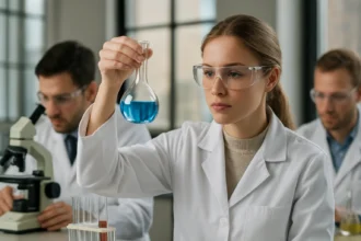 Fiatal nő laboratóriumban kémiai kísérletet végez, kék folyadékkal.