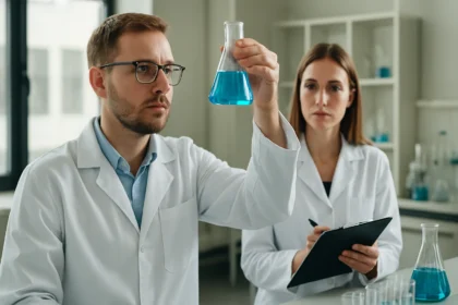 Két kutató egy laboratóriumban, az egyik üveget vizsgál, a másik jegyzetel.