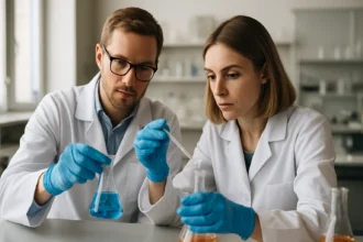 Kémikusok kísérleteznek a koffein hatásainak vizsgálatával laboratóriumban.