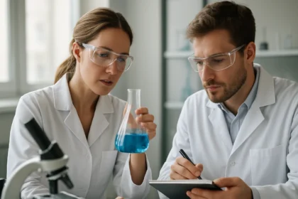 Két kutató laboratóriumi munkában, kék oldatot vizsgálnak.