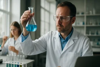 Kémikus kolloidokkal végzett kísérlet során, laboratóriumban.