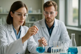 Két kémikus laboratóriumban, kék folyadékot vizsgálva.