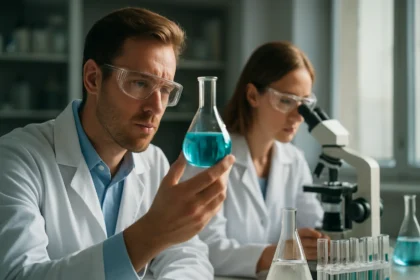 Laboratóriumi kutatók kolloidkémiai kísérletet végeznek