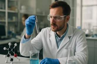 Kémikus laborban, kolloid kovasav kísérletezés közben