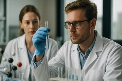 Két kutató a laboratóriumban komplex kémiai kísérletet végez.