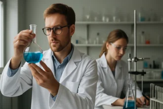 Kutatók komplex vegyületek vizsgálata laboratóriumban.