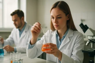 Két kutató laboratóriumi környezetben, gyümölcscukor analízissel foglalkozva.