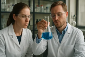 Laboratóriumi kutatók heteroaromás vegyületekkel foglalkoznak.