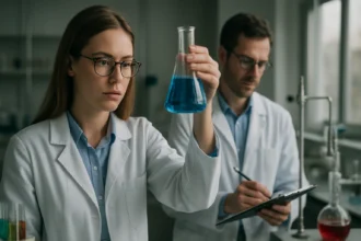 Kémiai kísérlet folyamatban, a koncentráció vizsgálata laboratóriumban.