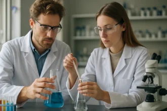 Két laboratóriumi szakember konduktometriai mérést végez