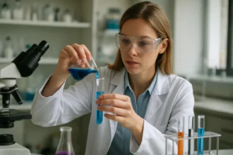 Női kutató laboratóriumban, kémiai kísérletet végez