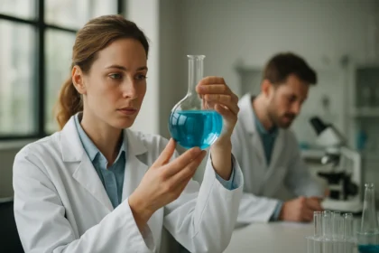 Laboratóriumi kísérlet során kémikus vízszínű folyadékot vizsgál