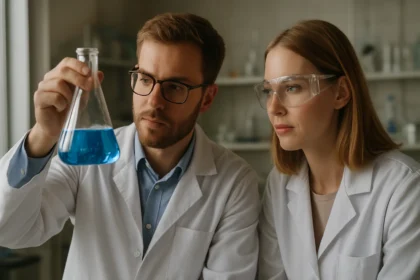 Kémikusok konjugált diének reakcióját vizsgálják laboratóriumban.