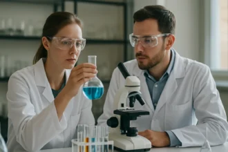 Laboratóriumi kísérlet, ahol tudósok konstántan anyagot vizsgálnak.