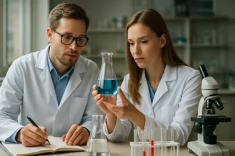 Két kutató konyhakémiai kísérletet végez egy laboratóriumban.