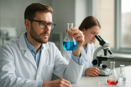 Kémikus laboratóriumban, kék folyadékot vizsgálva.