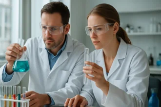 Két tudós laboratóriumban, különböző anyagokat vizsgálnak kémiai kísérletekhez.