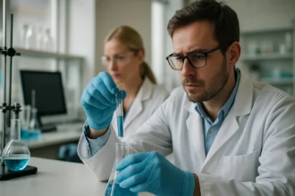 Laboratóriumi környezetben kémiai kísérletet végző kutatók