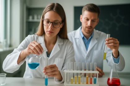 Két kémikus laborban kísérletezik, különböző színű oldatokkal.