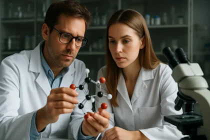 Két kutató kordit molekulát elemez laboratóriumban.