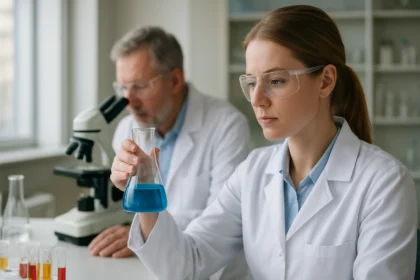 Női tudós laboratóriumban, kék folyadékkal töltött lombikkal dolgozik