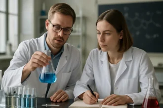 Két kutató laboratóriumban, heterogén katalízis kísérlet során.