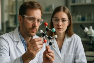 Két kutató laboratóriumban a kovácsvas molekuláját vizsgálja.