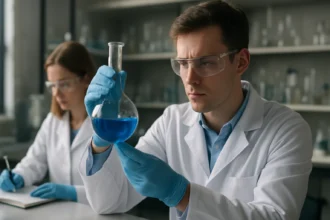 Két tudós kémiai kísérleten dolgozik laborban.