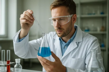 Kémiai kísérletet végző tudós laboratóriumban