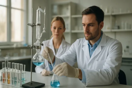 Kutatók laboratóriumban kovasavakkal végzett kémiai kísérletezés közben.