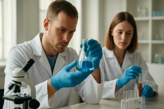 Kémikusok laboratóriumban könnygáz összetevőit vizsgálják.