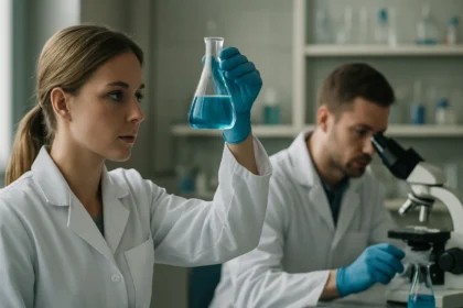 Kémiai laboratóriumban dolgozó kutatók, könnyűbenzin vizsgálata.