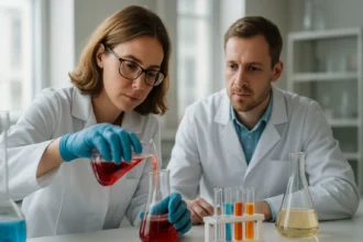 Két tudós laboratóriumban könnyűolajjal végzett kísérletezés közben.