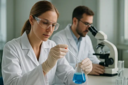 Női kutató laboratóriumban kémiai kísérletet végez