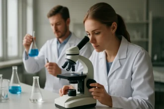 Kémiai kutatás laboratóriumban: mikroszkóppal és kémcsövekkel