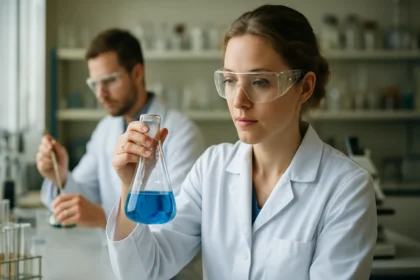 Kémikusok laboratóriumban kémiai kötések vizsgálata közben.