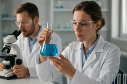 Két tudós laboratóriumban, egy nő kék folyadékot vizsgál egy kémcsőben.