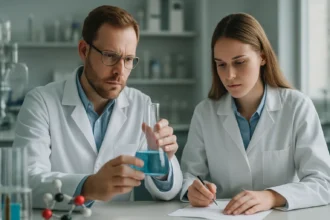 Két tudós kémiai kísérletet végez különböző fázisú reaktánsokkal.