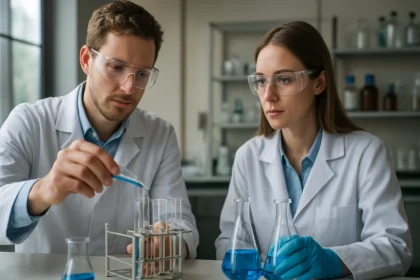 Két tudós laboratóriumban kémiai kísérletet végez.