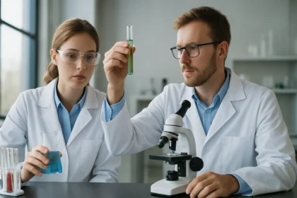 Két vegyész laboratóriumban kémiai kísérletezéssel foglalkozik.