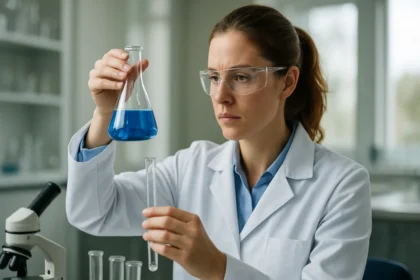 Kémikus laboratóriumi munka közben, kék folyadékot vizsgálva