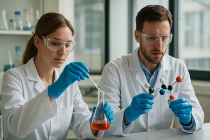 Két tudós kémiai kísérletet végez laboratóriumi környezetben.