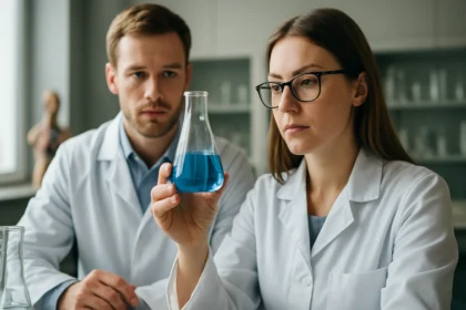 Két kémikus kék oldatú lombikot vizsgál.