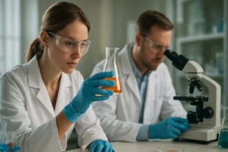 Kémiai szakemberek laboratóriumi kísérletezés közben