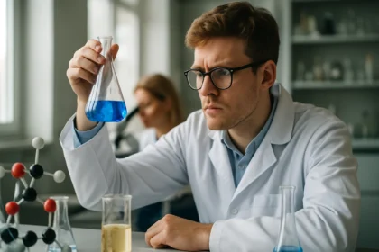 Laboratóriumi kutató kék anyagot vizsgál egy lombikban.