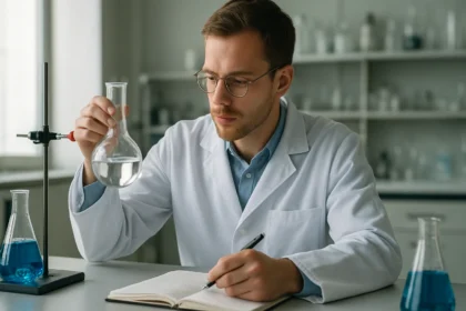 Kémikus laboratóriumban, vizsgálat közben, üvegkanna és jegyzetfüzet.