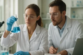 Két kutató laboratóriumban, cellulózgyártás folyamatát vizsgálják.