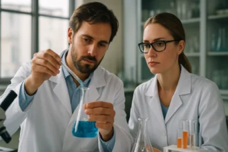 Két kémikus egy laboratóriumban fagyáspontcsökkenést tanulmányoz