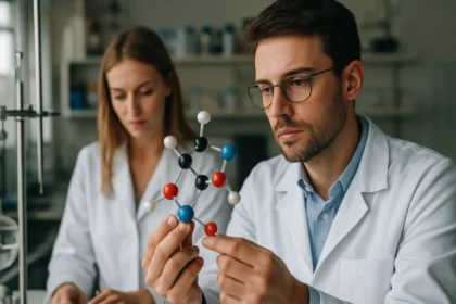 Két kutató molekuláris modellel a laboratóriumban