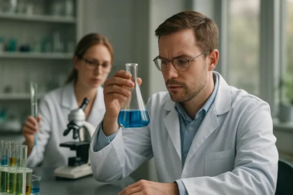 Kémikusok laboratóriumban, kriptandokkal kapcsolatos kísérletezés során.